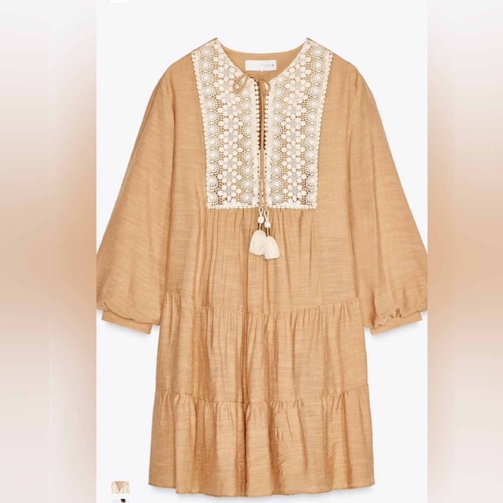 Boho peachy Tan Dress with Lace Detail